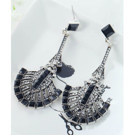 Extra Long Silver Tone Art Deco Antique Vintage Style Jet Black Onyx Rhinestone Fan Flapper Gatsby Prom Wedding Bridal Earrings