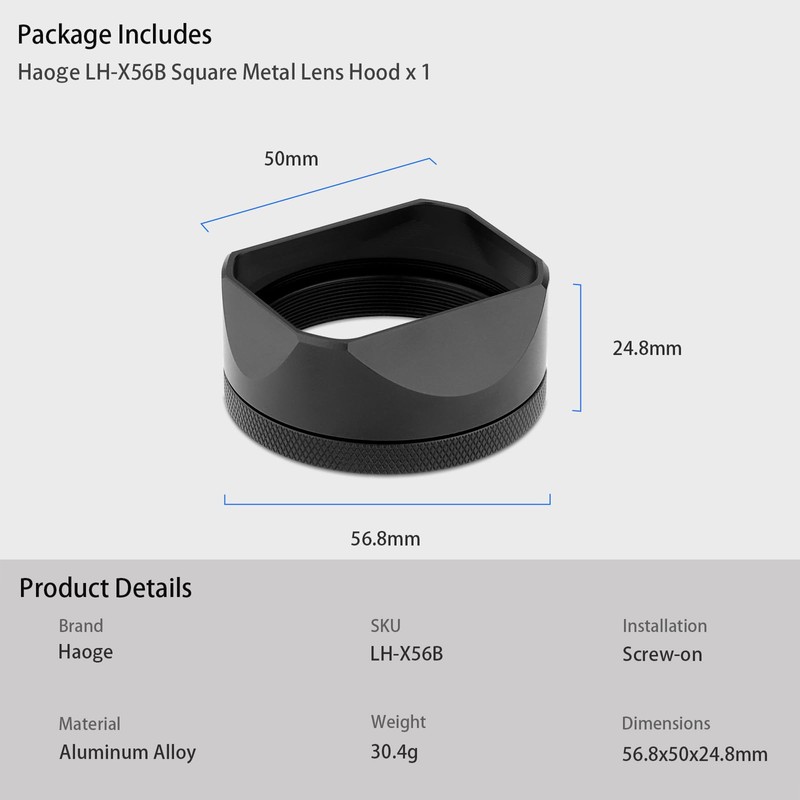 Square Metal Lens Hood for Fuji X100VI Camera Accessories Black
