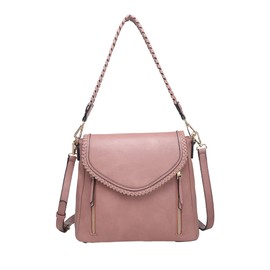 JEN & CO. M2167-DRS Lorelei Double Zip Whipstitch Trim, Vegan Leather Crossbody Handbag Purse, Dark Rose