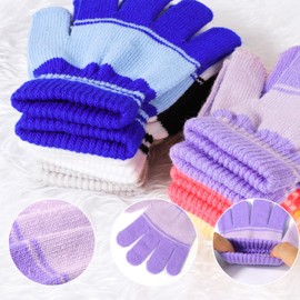 QKURT 6 Pairs Kids Magic Gloves, Winter Knit Gloves Thermal Children Gloves Stretchy Full Fingers Gloves Colourful Striped Gloves Birthday Christmas Gloves