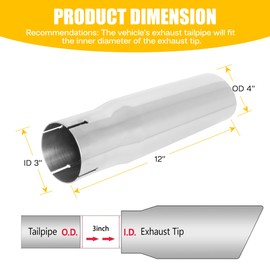 QYFNB 304 Stainless Steel Car Exhaust Tip, 3" Inlet, 4" Outlet, 12" Overall Length, Polished Dual-Layer Slant Cut Design, Clamp-On for 3-Inch Outside Diameter Tailpipe
