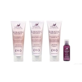 Pack x4 Vezia Keratine Balance – Shampoo, Mascarilla, Leave In y Óleo Liso Progresivo Sin Sulfatos Ni Parabenos Cuidado De Cabello Profesional con Efecto Alisado Natural