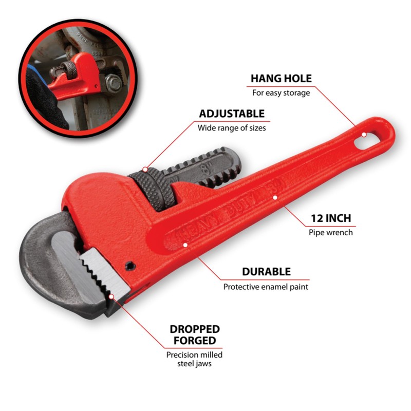 Performance Tool W1133-8B Heavy-Duty Adjustable Straight Pipe Wrench, 8-inch