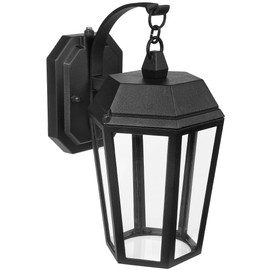 Maxxima LED Porch Lantern Outdoor Wall Light, Black w/Clear Glass, Photocell Dusk to Dawn Sensor, 570 Lumens, 3000K Warm White