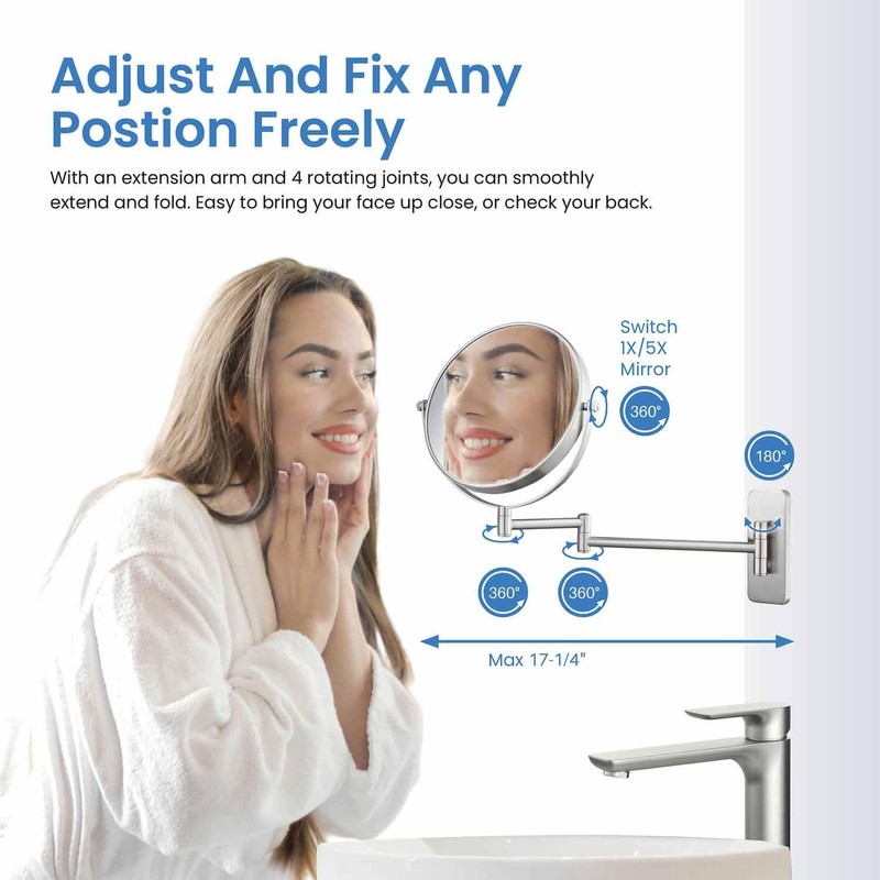 KIBI Circular Wall Mount Makeup Mirror, Dual-Sided 1x/5x Magnifying Mirror