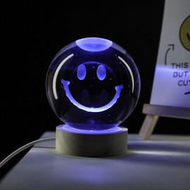 3D Smile Crystal Ball Night Light with Upgraded 3.15 in Expression Glass Ball Lamp with 7Color Wooden LED Base Cute Smile Room Table Lamp Have a Good Mood