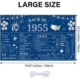 70th Birthday blue Party Decoration, Back in 1955 Banner 70 Year Old Birthday Party Poster Supplies, Large Fabric Vintage 1955 Backdrop Photography Background for Men and Women