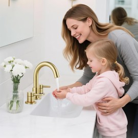 IUERASD Bathroom Faucet 3 Hole, Brushed Gold Bathroom Sink Faucet with Pop Up Drain, 8 inch Widespread Bathroom Faucet with 360° Swivel Spout, 2 Handle Vanity Faucet with Water Supply Hoses