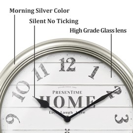 Presentime & Co. 12.6" Illuminated Farmhouse Wall Clock, Silent Battery Operated Night Light Wall Clock with Smart LED Sensor for Living Room, Bathroom, Kitchen, Home Office, Morning Silver