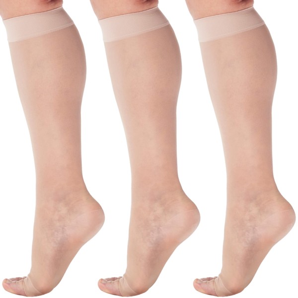 (3 Pairs) Made in USA - Plus Size Compression Socks for Women with Open Toe 15-20mmHg - Womens Compression Knee High for Varicose Veins, Blood Clots, Swelling - Nude, 3X-Large - A111NU6-3