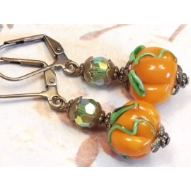 2 - 13x10mm LAMPWORK PUMPKIN LEAF & CURLED VINE BEADS ORANGE & GREEN FALL AUTUMN