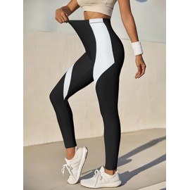 Fisoew Womens High Waisted Leggings Tummy Control Yoga Pants Workout Stretchy Color Block No See Through Leggings Black