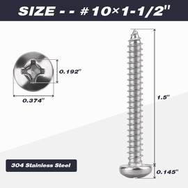 #10 x 1-1/2" Pan Head Phillps Drive Self Tapping Screws, 304 Stainless Steel, Round Head Sheet Metal Tek Screws, 50 PCS