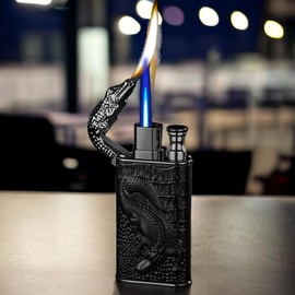 Double Flame Lighter, Windproof Lighter, Creative Embossed Crocodile Gas Lighter, Cool Dual Flame Lighter, Butane Torch Lighter Refillable, Men's Lighter Unique Gift (No Gas) (Black)