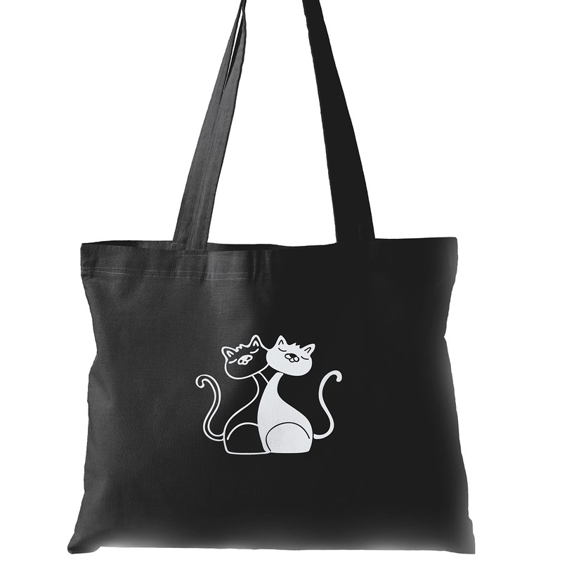Cute Cat Tote Bag Black, Silver Metallic Print, Cat Gifts
