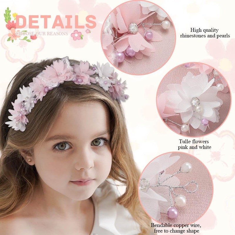 IYOU Flower Girl Headband Pink Floral Headpiece Pearl Wedding Communion