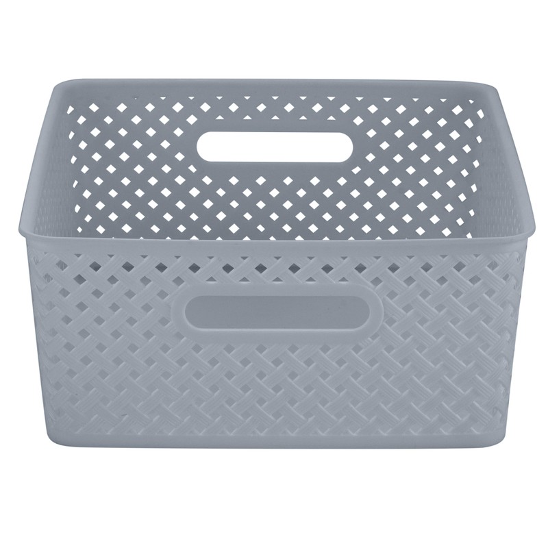 Simplify's Medium Resin Wicker Storage Bin in Grey