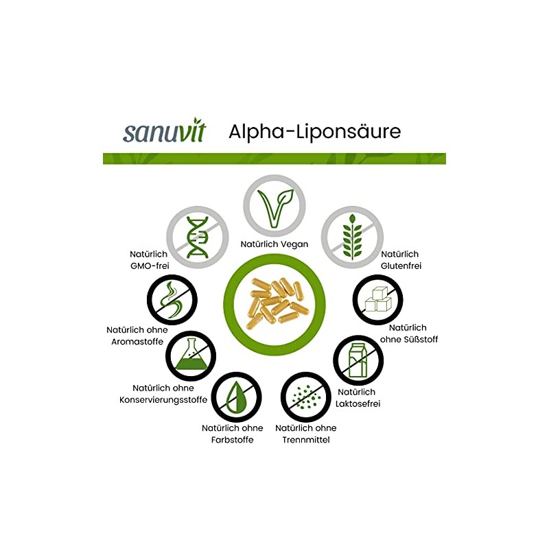 Sanuvit Alphaliponsäure 60 Kapseln - Reinstoffprodukt direkt vom Hersteller (hypoallergene