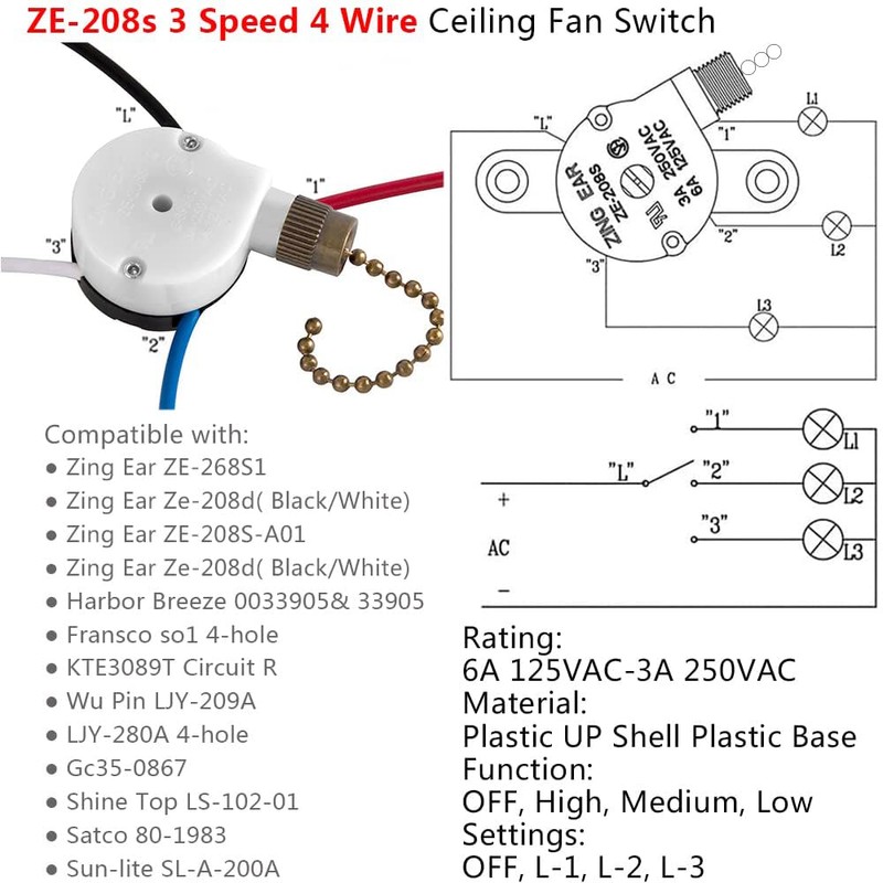 with 4 Pre-Installed Wires Ceiling Fan Switch 3 Speed 4
