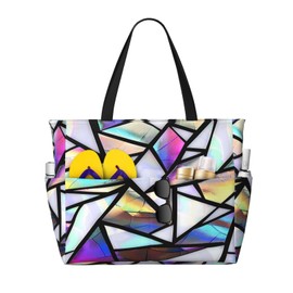 Edafol Geometric Iridescent Triangles Print Beach Bag Large Waterproof Sandproof Tote Bag Women Zipper Travel Beach Bags Swim Pool Gym Shopping Grocery Handbag