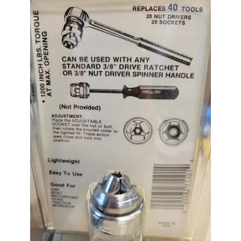 CHANNELLOCK VINTAGE 3/8" DR. ADJUSTABLE SOCKET BY CHANNELLOCK SAE/MM (MADE