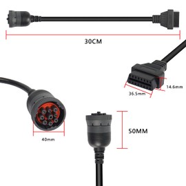 XMSJSIY 9 Pin J1939 Male to 16 Pin OBD2 Female Adapter Connector Extension Cable Truck Diagnose Interface Cable -30cm/11.8inch Black