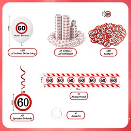 DazzJoy Decoration 60th Birthday Man Woman, 60th Birthday Decoration Set with Barrier Tape, 60th Birthday Decoration, Balloons, Streamers, Confetti, Spiral Garland, Traffic Sign, Birthday Decoration