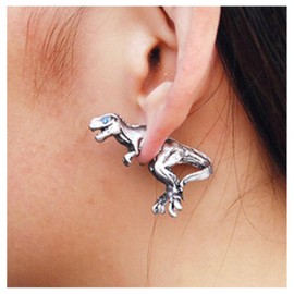 Cimenexe Punk Dinosaur Ear Jacket Earrings Silver Cz Dinosaur Studs Earrings 3D Dinosaur Earrings Two Way Dino Studs Earrings Front Back Animal Earrings Jewelry for Women and Girls Cute Gifts