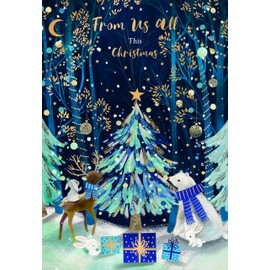 Noel Tatt From Us All Christmas Card, Single - Christmas Cards with Festive Tree and Animals Woodland Scene and Special Finishes - Eco-Friendly Xmas Cards with Envelope