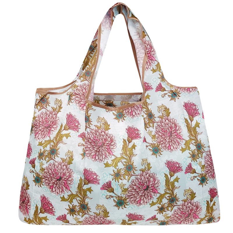 allydrew Large Foldable Tote Nylon Reusable Grocery Bag, Vintage Chrysanthemums