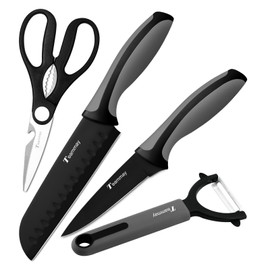 Teammay 4-Piece Kitchen Knife Set, Inclues Santoku Knife, Paring Knife, Multi-purpose Scissors and Peeler, German High Carbon Stainless Steel, Nonstick Coating, Perfect Gifts for Kitchen