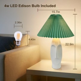 22.9"Vintage Ceramic Table Lamp- 3 Way Dimmable with USB Port & 4W LED Bulb - Touch Control Boho Table Lamp with Ceramic Base and Green Pleated Lampshade, Perfect for Living Room & Office Decor