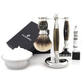 Jag Shaving Jag's Lee 3 Piece Shaving Set 3 Piece Shaving Set Razor with 3 Blades Silver Tip Badger Hair Brush Elegant Imitation Green Horn Shaving Stand
