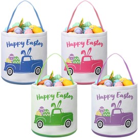 Cosblank 4 Pcs Easter Cute Basket Storage Empty Canvas Basket Bin with Handles Easter Basket Easter Truck Baskets Bag with Handle Easter Canvas Eggs Hunt Bag for Party Candy Gifts Storage