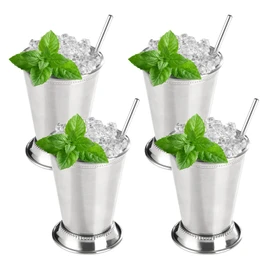 Fijinhom 12oz Mint Julep Cups with Straws Set of 4, Stainless Steel Beaded Mint Julep Cups, Mint Julep Glasses for Cocktails Mixed Drinks, Metal Cups for Beer Juice Beverage Party Bar Home Restaurant