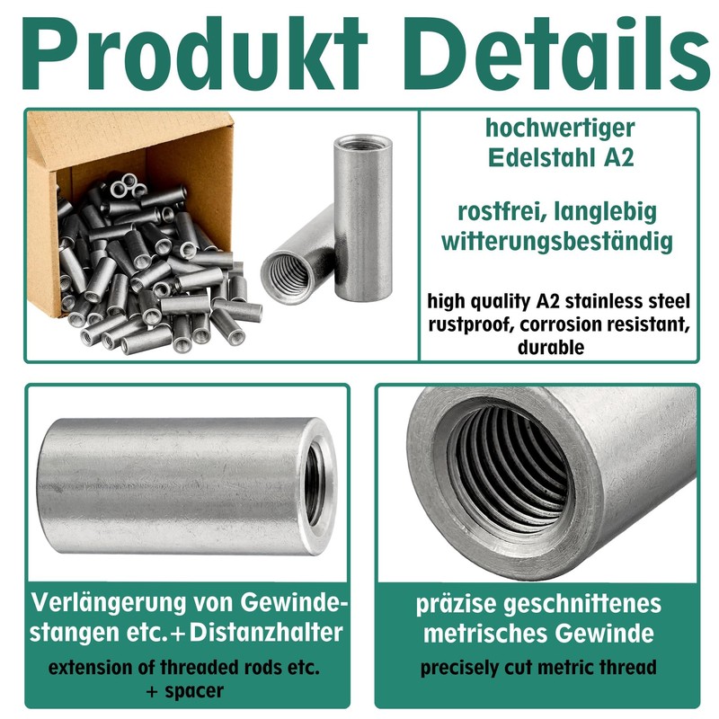 Round Sleeves with Internal Thread, Stainless Steel A2/V2A, Threaded Sleeves,