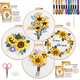 SHIPKEY 4 Sets Embroidery Kit, Cross Stitch Kit for Beginners, Starter Kit with Stamped Patterns | 4 Sunflower