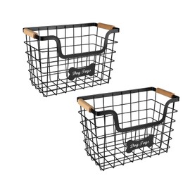 Brabtod 2packs Metal Dog Toy Basket,Iron Wire Dog Toy Bin,Dog Toy Storage Box,Dog Storage Organizer with Wooden Handle,Black Sturdy Dog Basket for Dog Leash,Collar,Dog Toy,Snacks