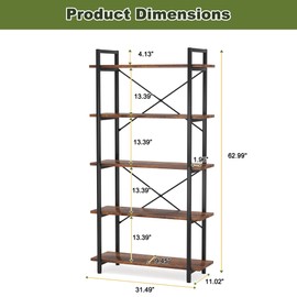 NicBex Bookshelf 5-Tier Bookshelf Modern Industrial Bookcase with X-Shape Back Stylish 63 Inch Tall Bookshelf Free Standing Bookcase with Metal Frame Bookcase for Study, Home Office, Brown
