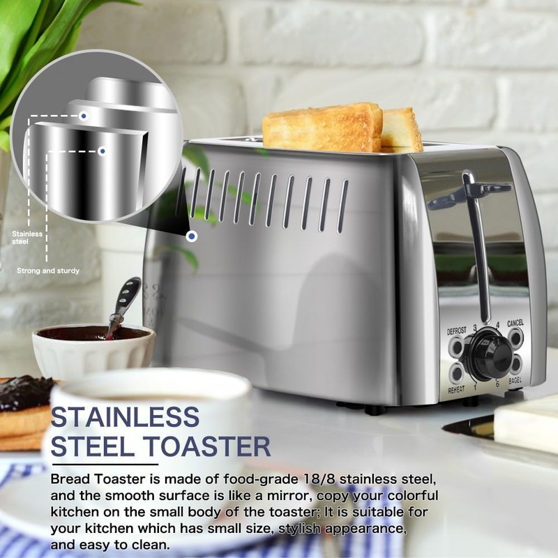 prepAmeal Toaster 2 Slice Stainless Steel Bagel Toaster Extra Wide
