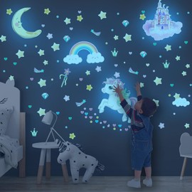 Calcomanías de pared que brillan en la oscuridad con estrellas y unicornio, calcomanías de luna y arco iris, 174 piezas de decoración luminosa de techo para recámara de niños, decoración para habitación de niñas y niños (azul)