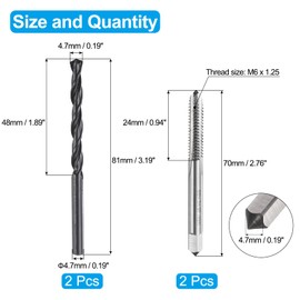 sourcing map Tap and Drill Bit Set, 2pcs M6 x 1.25 Metric Straight Flute Thread Screw Taps & 2pcs 4.7mm Twist Drill Bits, Uncoated/Black Oxide HSS-6542 Tapping Threading Tool Kit