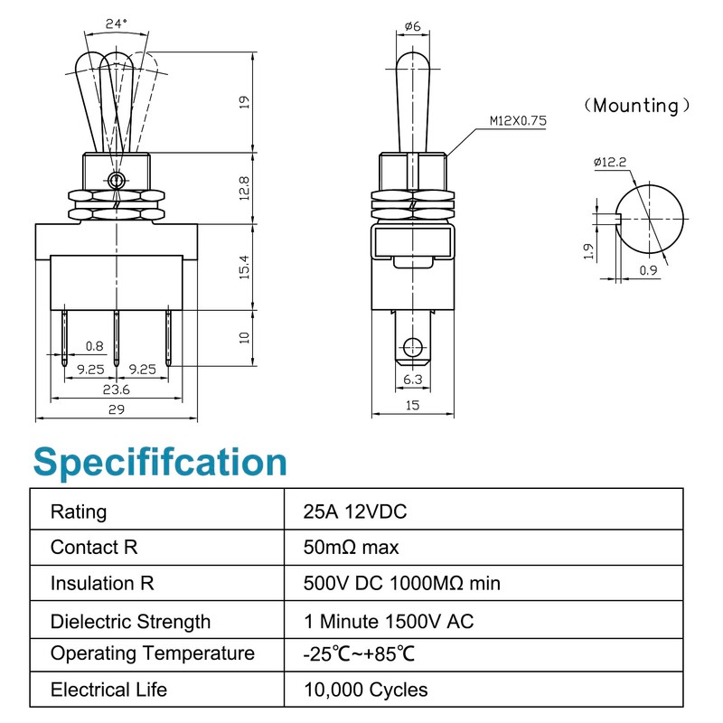 Heschen Metal Toggle switch Flick Flip, KN3D-103, 12V 25A, SPDT,