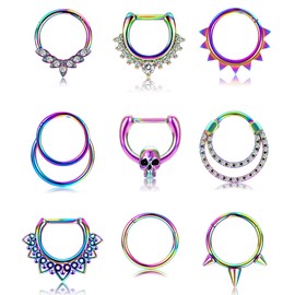 REVOLIA 9Pcs 16G Stainless Steel Septum Rings Clicker Ring Hoop Nose Ring Cartilage Helix Daith Tragus Earring Hinged Piercing C