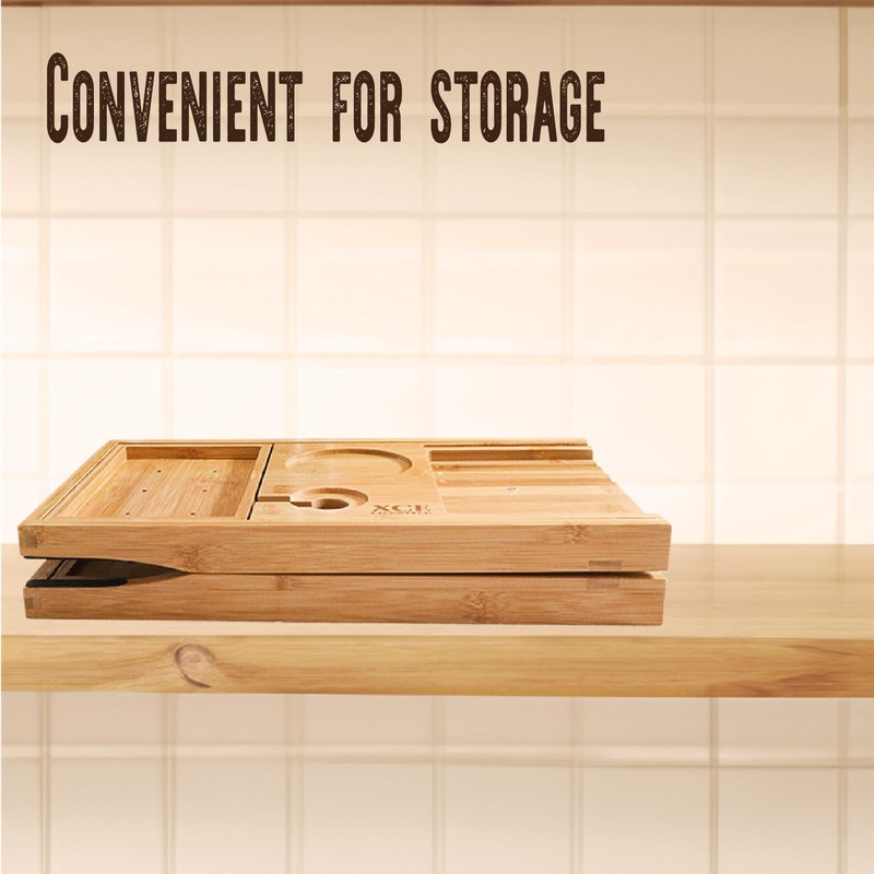 XcE Foldable Bamboo Bathtub Caddy Tray - Expandable to 41