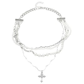 Multi-Layer Cross Pendant Necklace for Women,Dainty Pearl Chain Cross Layered Necklaces Trendy Crucifix Pendant Choker for Woman Fashion Jewelry (611-Cross Necklace)