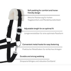 JA Horse Faux Fur Halter Lead Rope Set with Carabiner Hook Adjustable Horse Halter Horse Wooden Horse Tie Rope (Faux Fur Snap Hook Black, Pony)