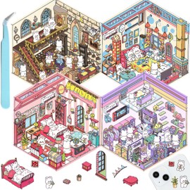 DIY 3D House Stickers for Kids & Adults - 4 Sets Isometric Miniature Room Sticker Book, Cute Cartoon Animal Stickers, Creative Craft for Stress Relief, Home Decoration, and Fun Activity