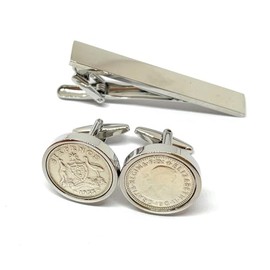 Premium 1955 Lucky Australian sixpence cufflinks for a 70th Birthday cufflinks HT Tie Clip Set