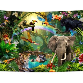 SVBright Safari Jungle Backdrop 7Wx5H Tropical Rainforest Animal Elephant Leopard Woodland Wildlife Palm Leaf Plant for Kids Boys Birthday Decorations Photography Background Banner Photo Booth Studio